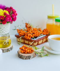 White background, natural lighting. Warm sweet organic tea with sea buckthorn berries, thyme and honey.