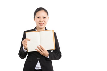 Fototapeta premium Smiling woman student, teacher or business lady holding books. Isolated studio portrait of business person.