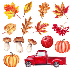 Watercolor autumn set with red truck, leaves, pumpkins, mushrooms, apple, fall yall
