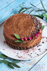 Delicious chocolate cake on a blue background with red decorative rose flowers and willow twigs.
