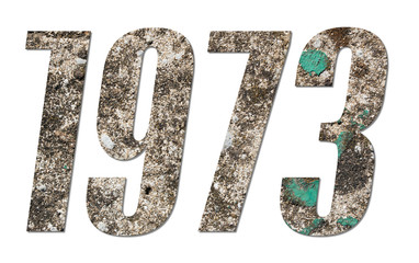 Year 1973 with old concrete wall on white background