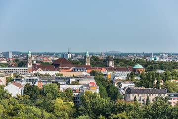 Fototapeta na wymiar Panoramic city view of Berlin from the top of the Berlin Victory Column in Tiergarten, Berlin, with modern skylines and churches.