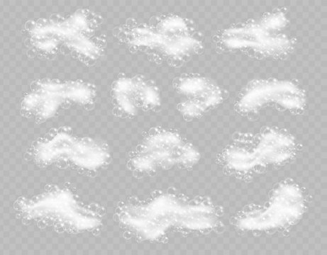Soap foam with bubbles isolated on transparent background. Sparkling shampoo and bath lather vector illustration.