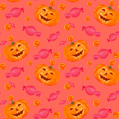 Happy halloween pattern on a pink background, watercolor jack-o-lantern and sweets, cute pumpkin faces, wrapped sweets and lollipops.