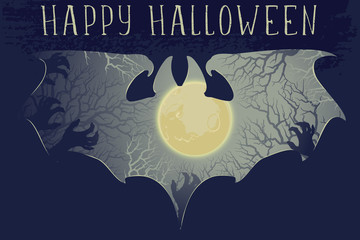 Moonlit haunted forest panorama cut out with a bat silhouette. Grunge texture effect. Spooky Halloween Greeting card. EPS10 vector illustration
