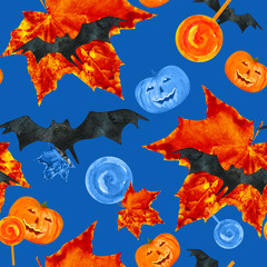 Obraz na płótnie Canvas happy halloween blue background, seamless watercolor pattern, holiday symbols: jack-o-lantern, pumpkin, bat, golden maple leaf. Autumn twilight.