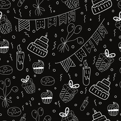 Vector seamless doodle birthday pattern. White hand drawn cakes, candles, balloons, muffins and other birthday decors on black background.