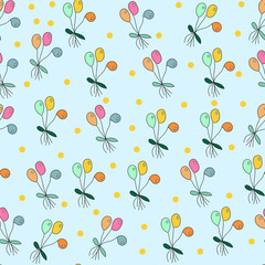 Vector seamless doodle birthday childish pattern. Multicolored hand drawn balloons on blue background.