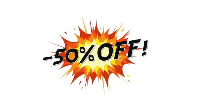 Pack Of Sale And Special Offer Comic Signs/ 4k animation of a set of dynamic comic book explosions, blast and cartoon fire bomb, with special offers, discounts and free text elements