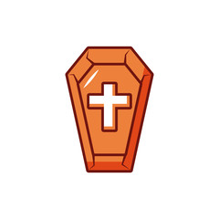 wood coffin with christian cross on white background