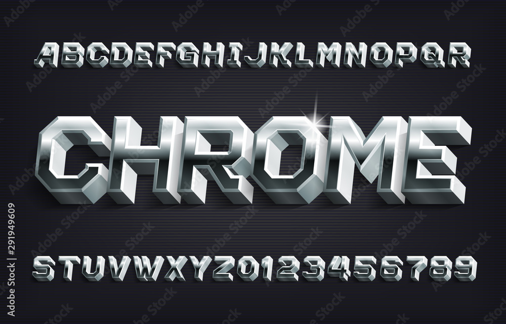 Fototapete chrome alphabet font. 3d metallic letters and numbers with shadow. stock vector typescript for your 