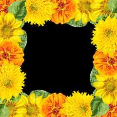 Obraz premium Beautiful floral background of tsiniya and sunflower. Isolated