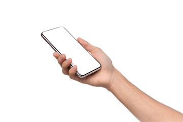 Smartphone with blank screen in male hands on white background