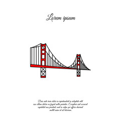 US symbol - Golden Gate Bridge. Vector landmark isolated over the white background. San Francisco, United States of America. Side view. Flat style illustration. icon color logo. 