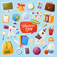 Set of school items stickers. Cartoon objects and supplies include: backpack, tablet,  globel,  ruler, briefcase,  notebook,  list, compas, bell. Vector teacher day elements