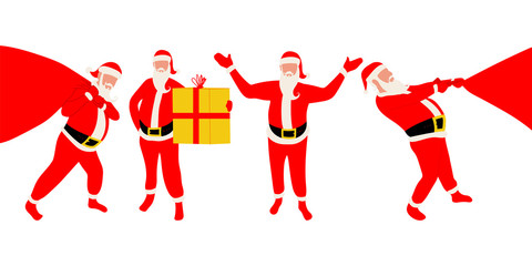 Santa Claus with sack and gift box vector flat silhouette set isolated on a white background.