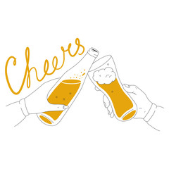 Cheers with beer bottle and mug vector illustration isolated on a white background.