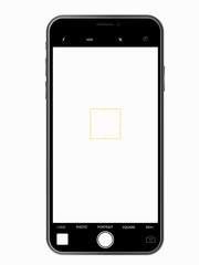 Realistic phone mockup with transparent screen and camera mode on white background. Vector graphic