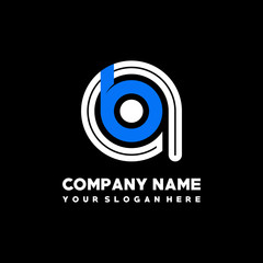 Initial lowercase letter AB, linked circle outline logo elegant, color white, blue on black background