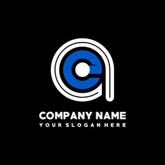 Initial lowercase letter AE, linked circle outline logo elegant, color white, blue on black background