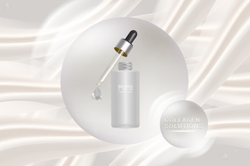Beauty product ad design, white cosmetic container with collagen solution advertising background ready to use, luxury skin care banner, illustration vector.