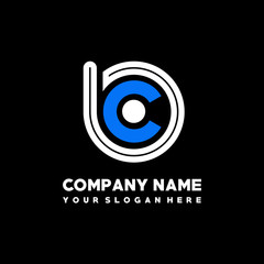Initial lowercase letter BC, linked circle outline logo elegant, color white, blue on black background