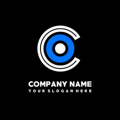 Initial lowercase letter CO, linked circle outline logo elegant, color white, blue on black background