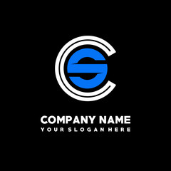 Initial lowercase letter CS, linked circle outline logo elegant, color white, blue on black background