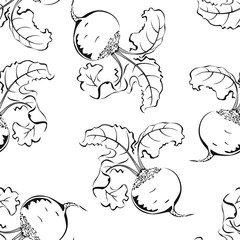 Beetroot seamless black and white pattern. Vector monochrome illustration of  outline vegetable in simple style.