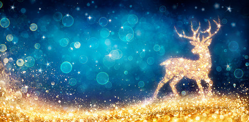 Christmas - Magic Golden Deer In Shiny Blue Background