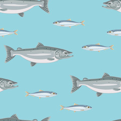 Obraz na płótnie Canvas Fish seamless pattern on a blue background. Vector illustration of salmon and sardines in the sea in cartoon simple flat style.