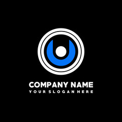 Initial lowercase letter OU, linked circle outline logo elegant, color white, blue on black background