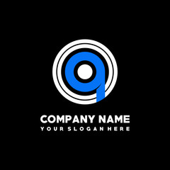 Initial lowercase letter OQ, linked circle outline logo elegant, color white, blue on black background