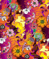 Fantastic flowers. Seamless pattern. Vector illustration. Suitable for fabric, wrapping paper and the like