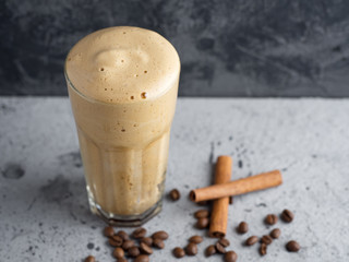 Whipped instant coffee sweet and delicious dessert in a glass glass. Copy space