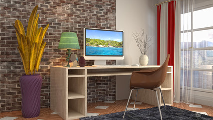 Computer on office table. 3d illustration