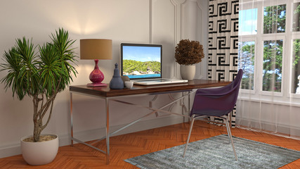 Computer on office table. 3d illustration