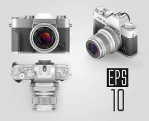 Ultra realistic 3d isometric retro photo camera set. With black leather part. Top front and 3d view vector illustration