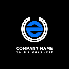 Initial lowercase letter UZ, linked circle outline logo elegant, color white, blue on black background