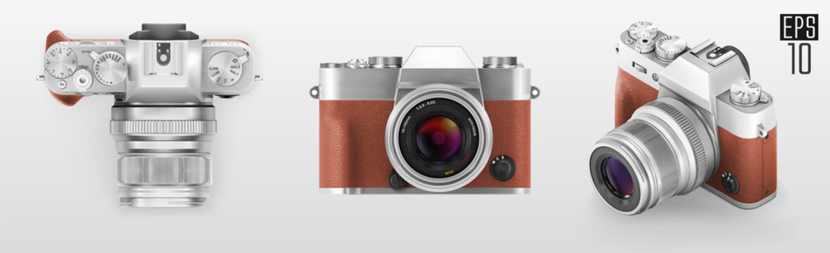 Ultra realistic 3d isometric retro photo camera set. With brown leather part. Top front and 3d view vector illustration