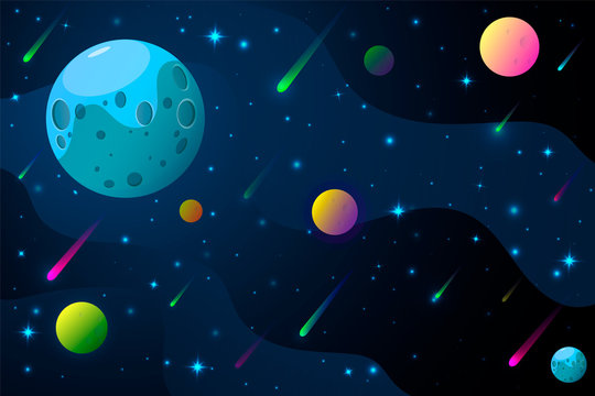 Space and planet background. Planets surface with craters, stars and comets in dark space. Vector illustration. Space sky with planet and satellite © Galactica