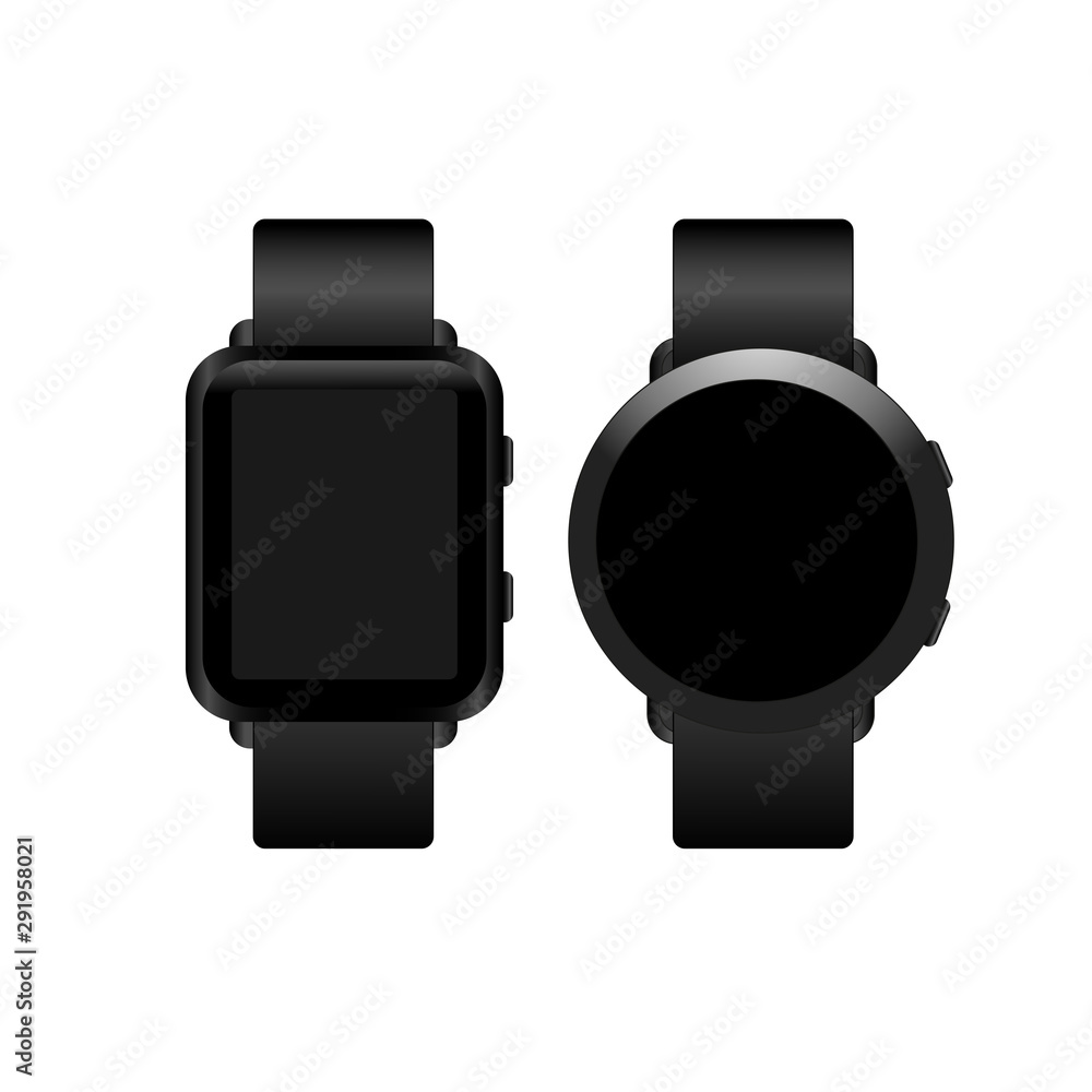 Poster black smart watches of different shapes. made in realistic style using a gradient. vector illustrati
