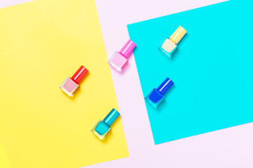 Nail polish bottles pattern background. Close up.