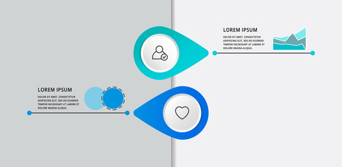 Vector modern infographic flat template pin for two paper label, diagram, graph, presentation. Business concept with 2 options and marks. Blank space for content, step for step, timeline, workflow