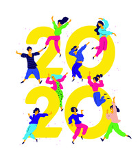 Illustration New Year 2020. Vector. People tweet and have fun around numbers. Youth celebrate Christmas. Employees in the office are going to celebrate. Flat style. 