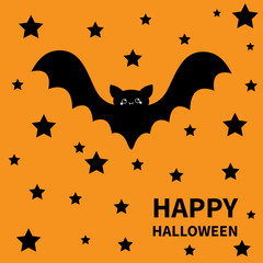 Happy Halloween. Bat flying black stars silhouette icon. Cute cartoon baby character with big open wing, eyes, ears. Forest animal. Flat design. Orange background. Isolated. Greeting card.