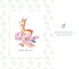Cute deer in pink flowers, floral wreath, bouquet and ribbon. Baby shower card for greetin, invite or birthday postcard, poster. Watercolor boho cortoon animal colorful illustration for childs