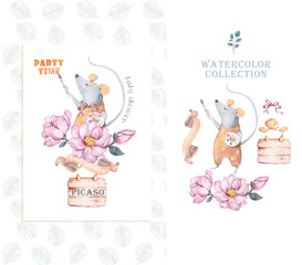 Baby shower card. Cute cartoon christmas rat mouse christmas card. Watercolor hand drawn animal illustration. New Year 2020 holiday drawing. Colorful funny rats wood frame for greeting card