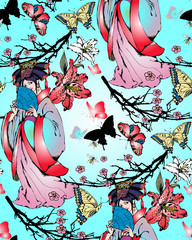 Seamless pattern with chinese motifs -  fairies and flowers. Vector illustration
