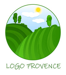 Vector illustration provence logo. Green meadows with trees in the blue sky.